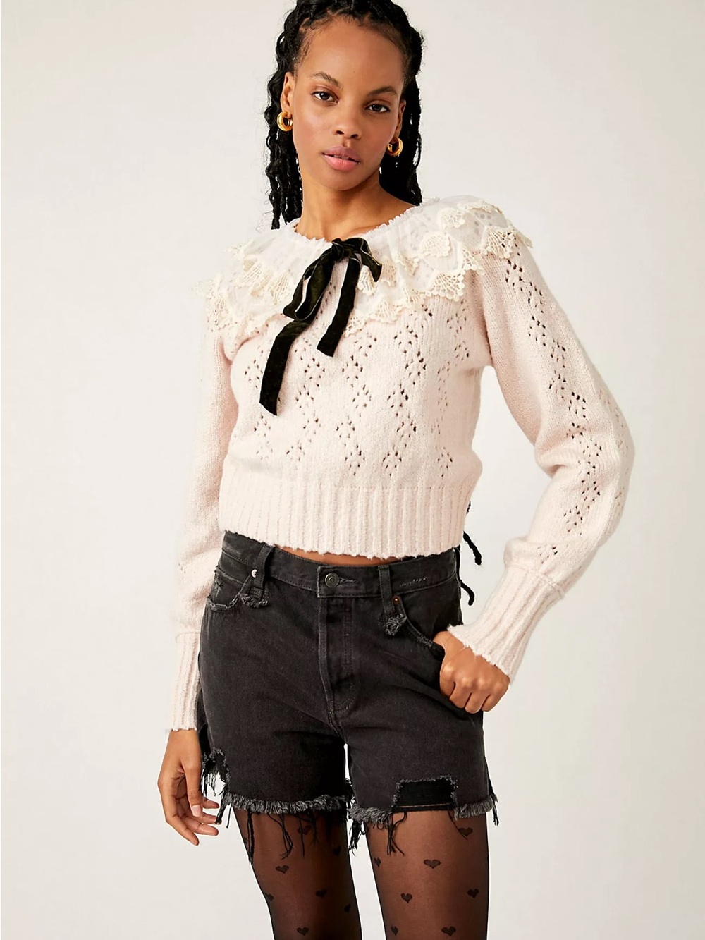 Free People Cream Lace-Collar Knit Sweater with Black Velvet Bow